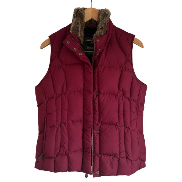 Eddie Bauer Medium Goose Down Faux Fur Trim Burgundy Puffer Vest - Picture 1 of 12